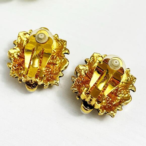 Vatican Library Collection Vintage Red Stone Pearl Gold Baroque Clip Earrings - Picture 4 of 5